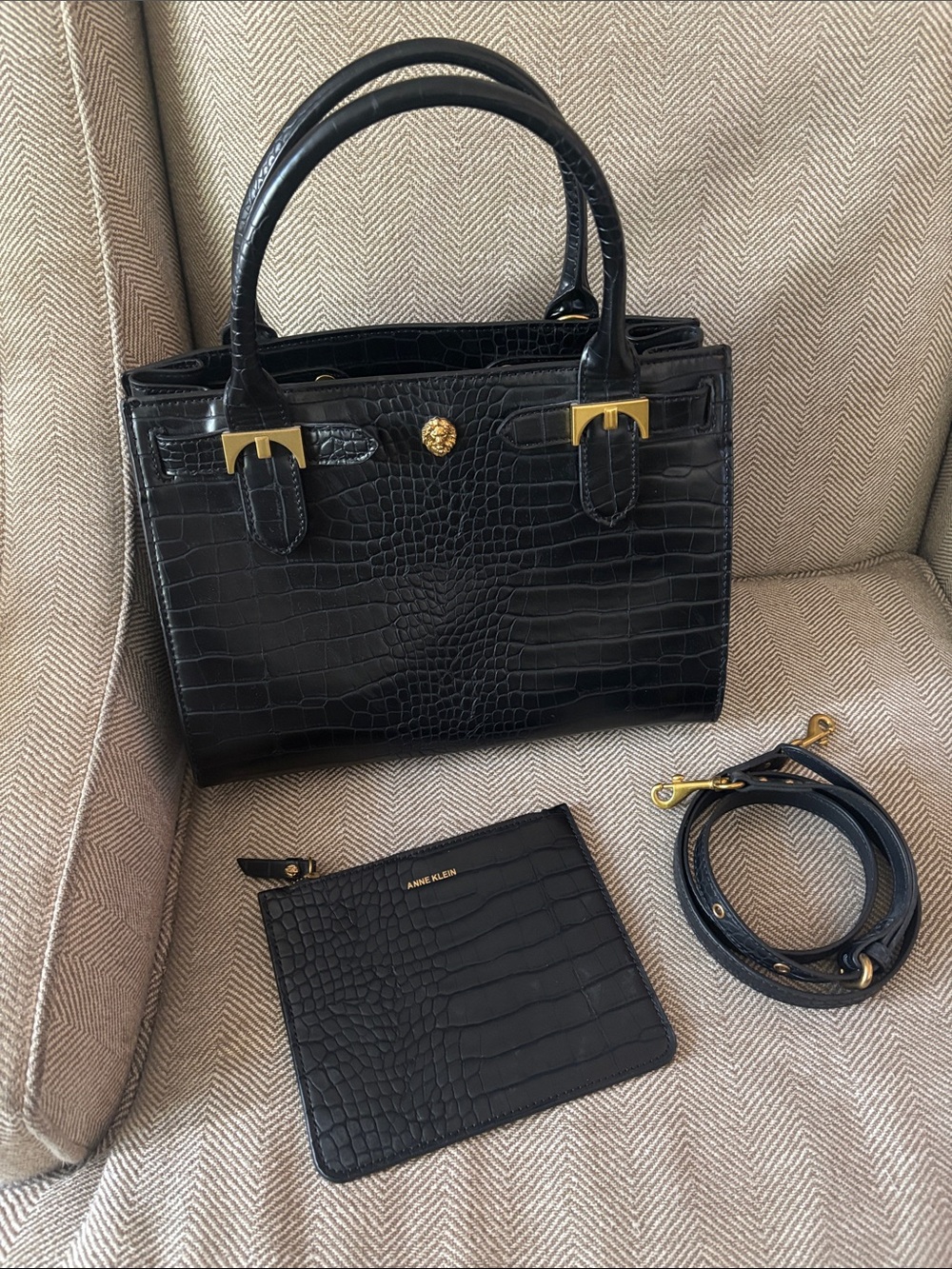 Anne Klein Black Croc-Embossed Satchel with Gold Accents and Matching Pouch